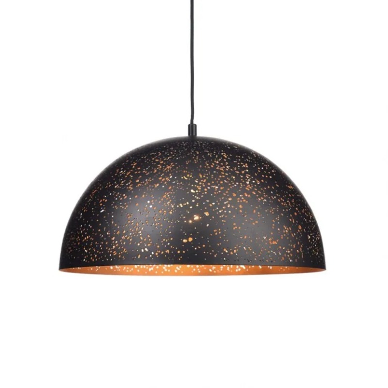 Black dome pendant light with gold-speckled exterior and copper interior, suspended from a black cord