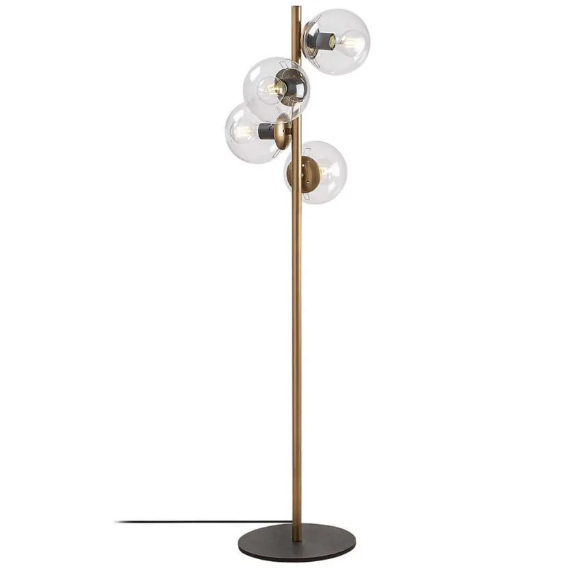 Modern brass floor lamp with four clear glass globe shades and exposed filament bulbs on a slim pole and round base