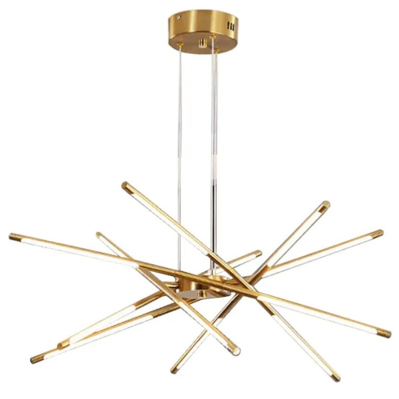 Modern gold starburst LED pendant chandelier with intersecting slim rods and circular ceiling canopy