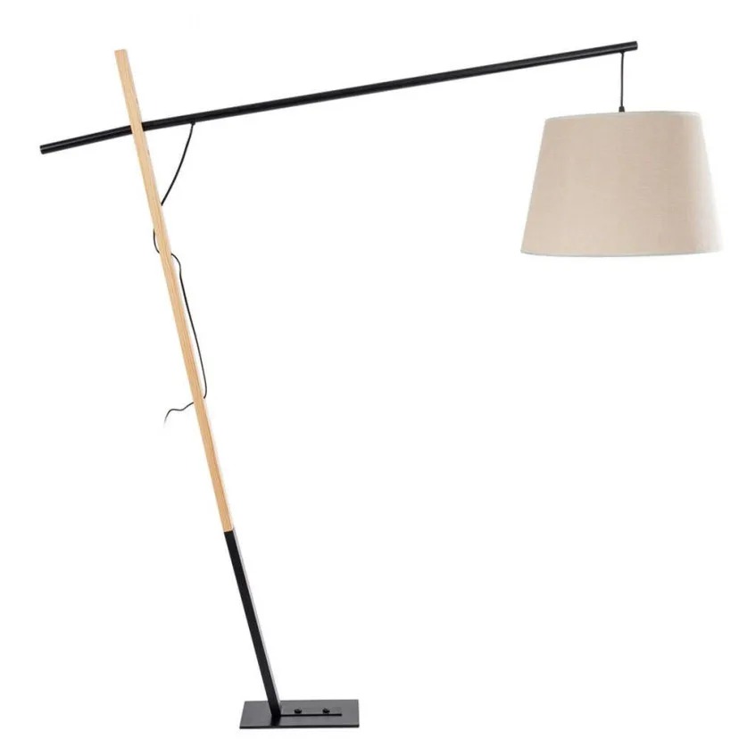Modern angled floor lamp with wooden stem, long black horizontal arm and beige fabric drum shade on black base