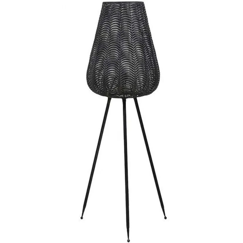 Black woven rattan-style tripod floor lamp with tapered shade and slender metal legs, modern living-room accent light