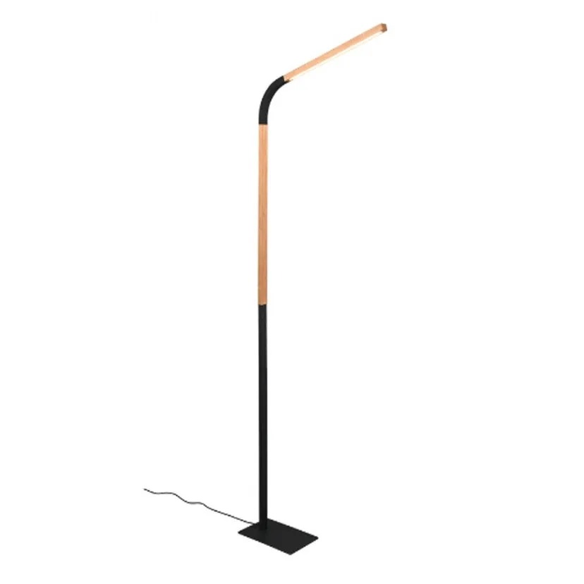 Slim modern LED floor lamp with wood-toned upper, matte black lower stem and rectangular base, angled adjustable head