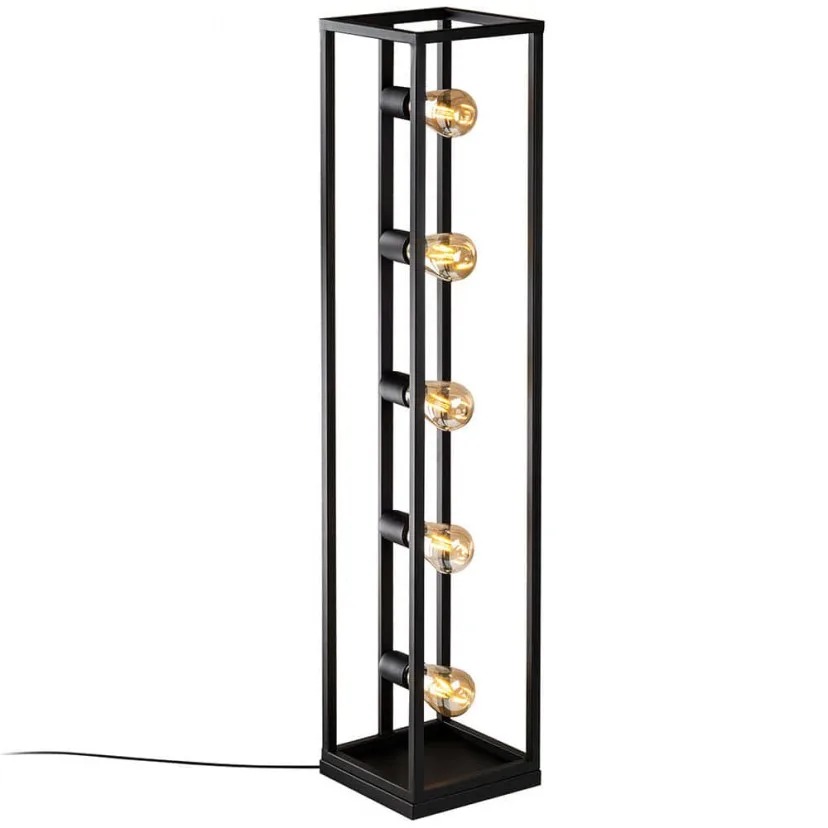 Black metal open-frame floor lamp with five exposed Edison-style bulbs in a tall industrial design