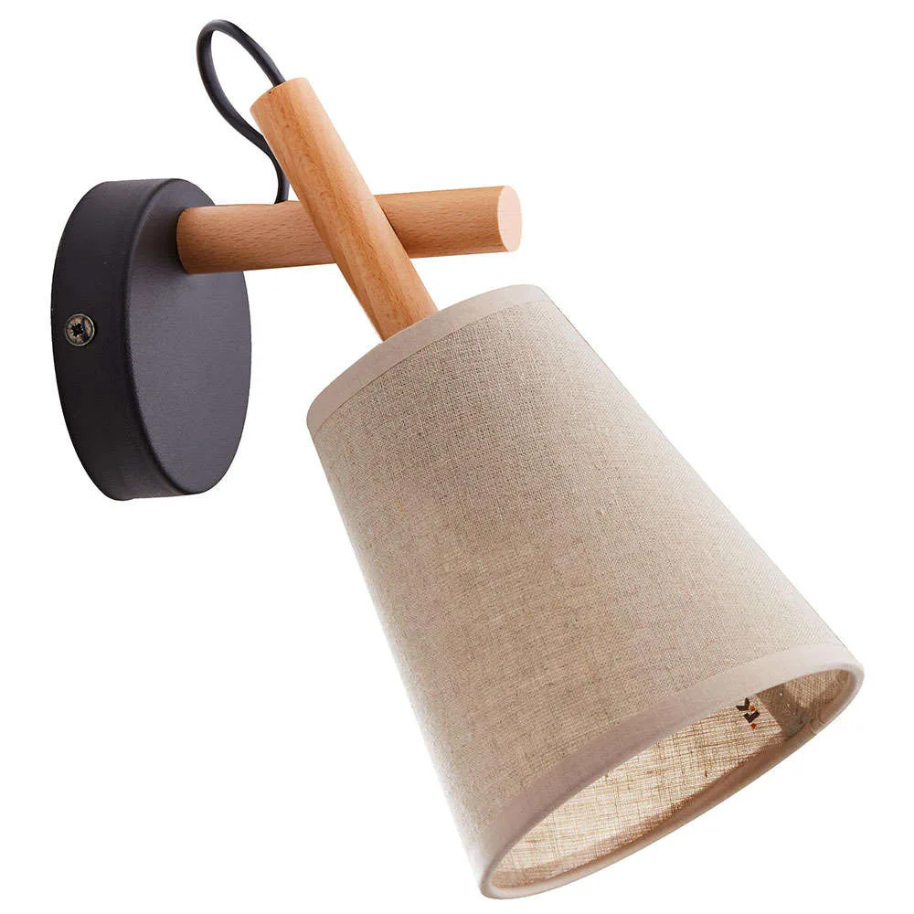 Modern wall sconce with beige linen conical shade, light oak wooden arm and black metal round wall mount