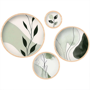 Set of four round botanical wall art prints in wooden frames, green abstract leaves and watercolour shapes, minimalist decor