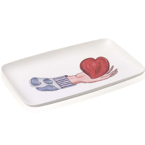 White rectangular ceramic tray featuring an illustration of a hand in a blue-striped sleeve holding a red heart