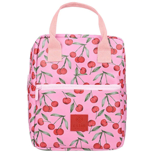 Small pink children's backpack with cherry print, front zip pocket and top carry handles