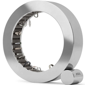 Silver circular magnetic jewellery organiser holding rings, earrings and studs - minimalist ring-shaped jewellery holder