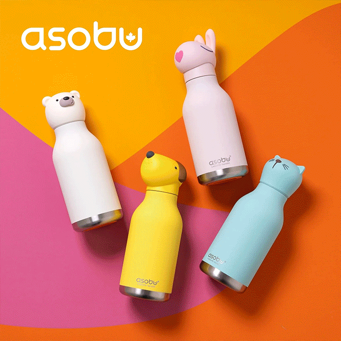 Collage of people and children enjoying colourful Asobu animal-shaped insulated water bottles outdoors and indoors