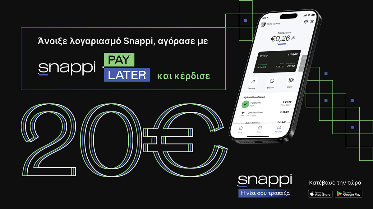 Snappi Pay Later promo banner: smartphone showing app balance €0.26, large '20€' reward text and app store download badges