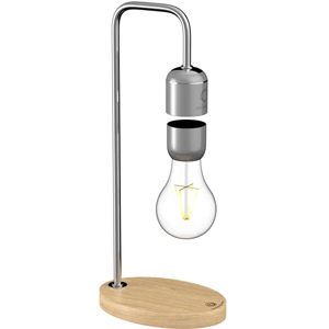 Levitating LED bulb desk lamp with chrome arm and wooden oval base, minimalist modern floating light design