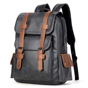Black leather vintage-style backpack with brown buckle straps, front flap and side pockets, padded shoulder straps