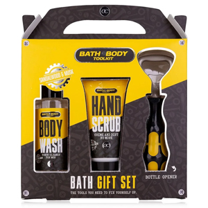 Bath & Body Toolkit gift set with body wash, hand scrub, razor and bottle opener in yellow box