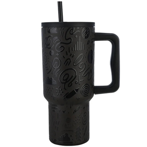 Matt black insulated travel mug with screw-on lid, straw and large handle, embossed decorative doodle pattern