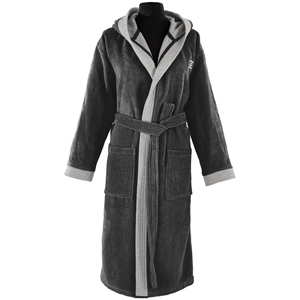 Dark grey hooded terry bathrobe with light grey trim, tie belt and two front pockets, knee-length on mannequin