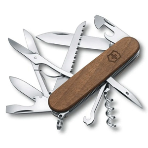 Wood-handled multi‑tool pocket knife showing blade, saw, scissors, corkscrew and bottle and can openers