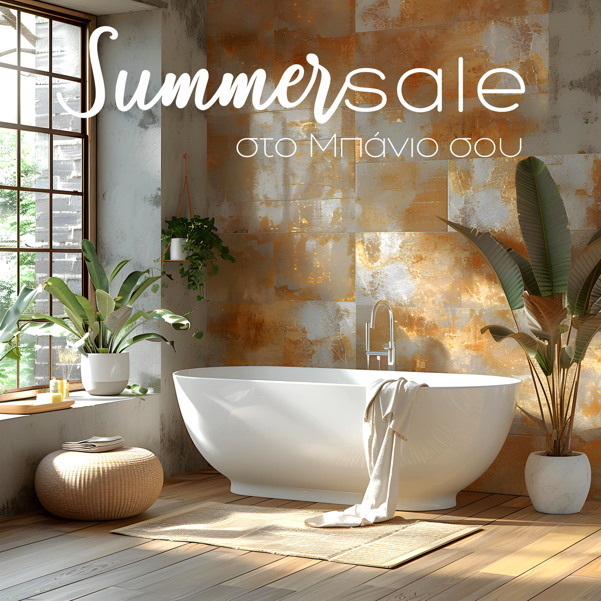 Sunlit modern bathroom with freestanding white bathtub, gold textured wall tiles, large window and plants; 'Summer sale' text overlay