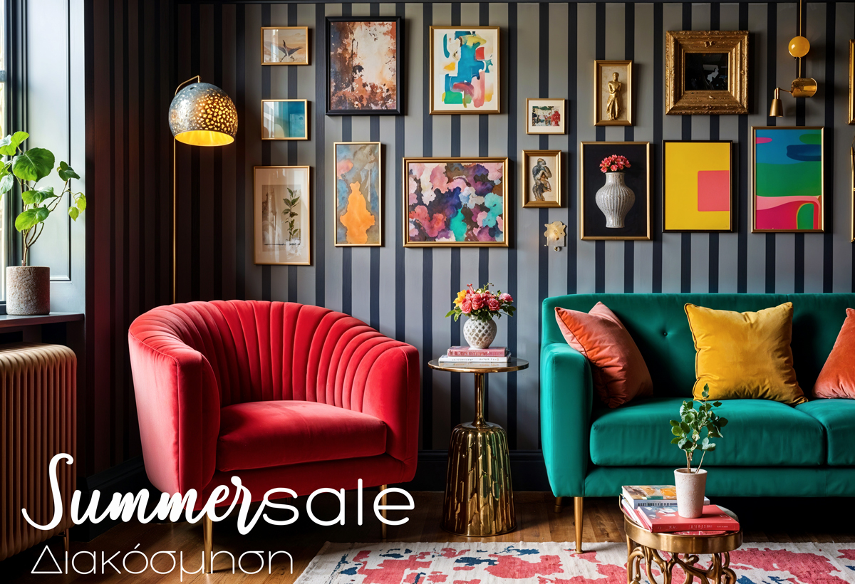 Colourful living room with red velvet armchair, emerald sofa, gallery wall of framed art, side table and Summer sale text