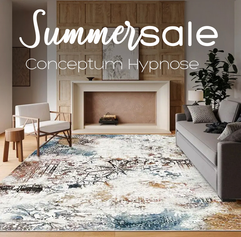 Modern living room with grey sofa, armchair, fireplace, patterned rug and plant; overlay text Summersale Conceptum Hypnose