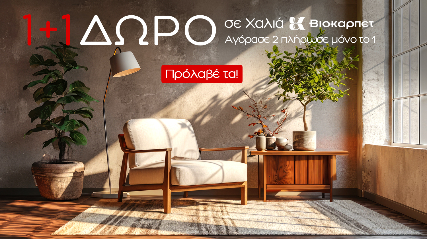 Sunlit modern living room with armchair, wooden side table, potted plants and rug; banner advertises 'Buy 2, pay for 1' rug offer (Greek)