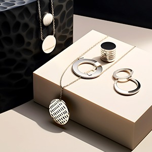 Modern gold and silver geometric jewellery set — pendant necklaces, stacking rings and hoop earrings displayed on beige plinths
