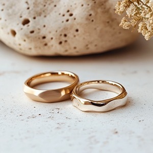 Two gold wedding rings — a smooth polished band and a textured band — resting on a stone surface with dried flowers nearby