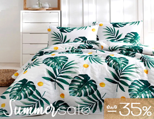 Tropical leaf patterned duvet cover set with green monstera leaves and yellow dots on white bed, summer sale -35%