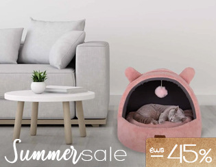 Grey sofa and round white table beside a pink cat cave bed with a sleeping tabby cat, promotional text 'Summer sale -45%'.