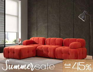 Plush modular orange-red velvet sofa in a modern living room with 'Summer sale -45%' promotion banner