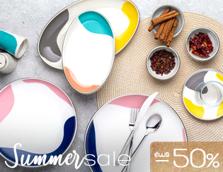 Colourful modern serving plates and bowls with cutlery and spice dishes on a table, Summer sale -50% promotion