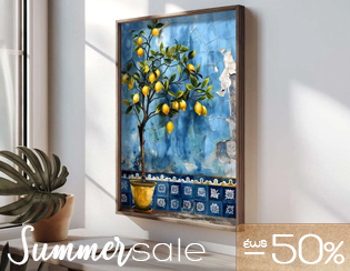 Framed wall art of a lemon tree against blue decorative tiles in a wooden frame, with 'Summer sale - 50% off' overlay