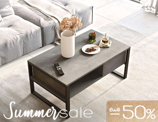 Modern dark wood coffee table with vase, snacks and remote in bright living room — summer sale banner 50% off