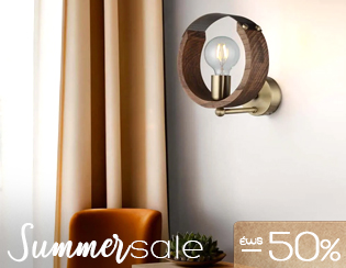 Brass and wood circular wall sconce with exposed filament bulb above brown chair and mustard curtain; 'Summer sale -50%'