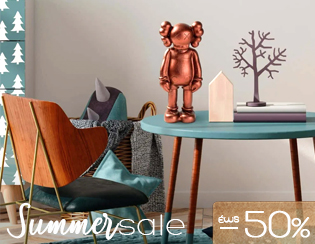 Mid-century living room scene with teal side table, bronze figurine, decorative tree and house ornament, Summer sale -50%
