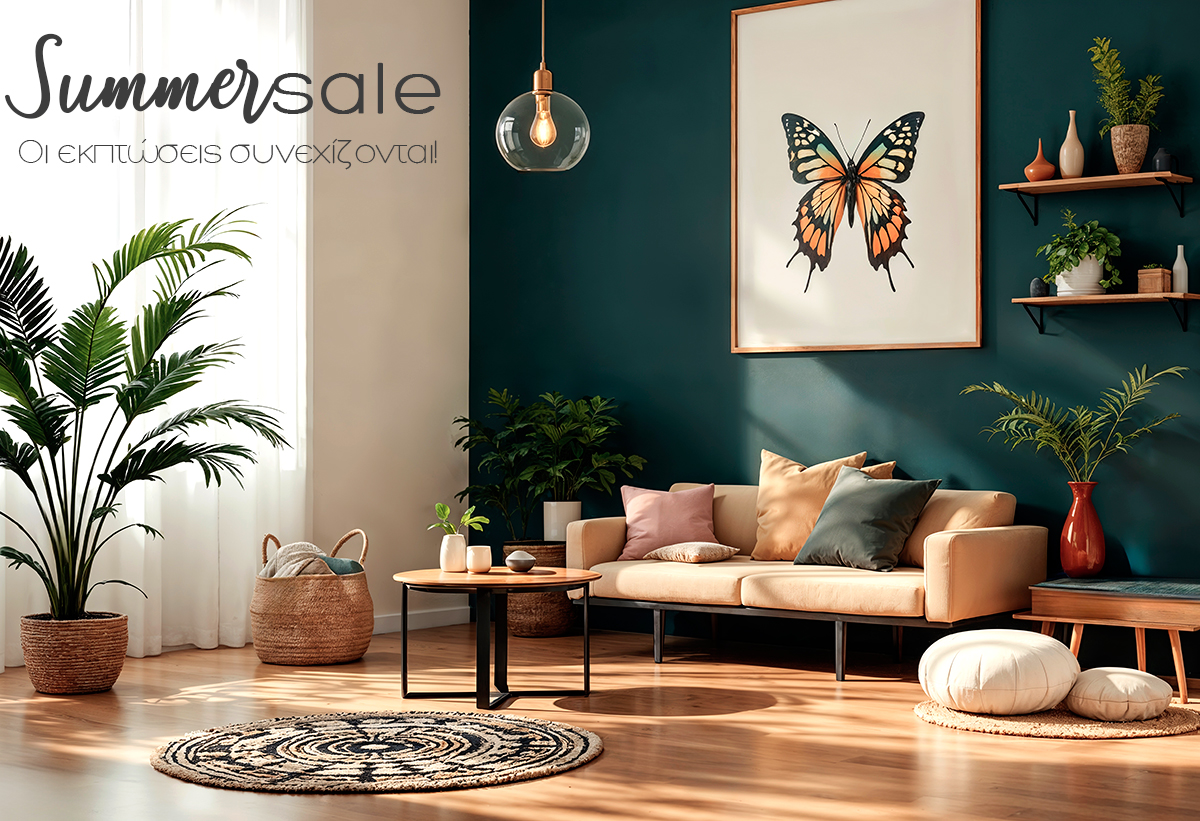 Sunlit modern living room with beige sofa, cushions, indoor plants, butterfly wall art and 'Summer sale' banner