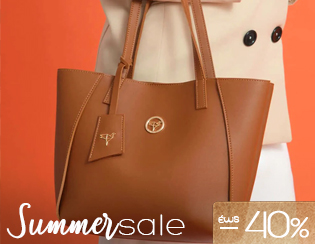 Brown leather tote bag with tag held against orange background, Summer sale 40% discount overlay