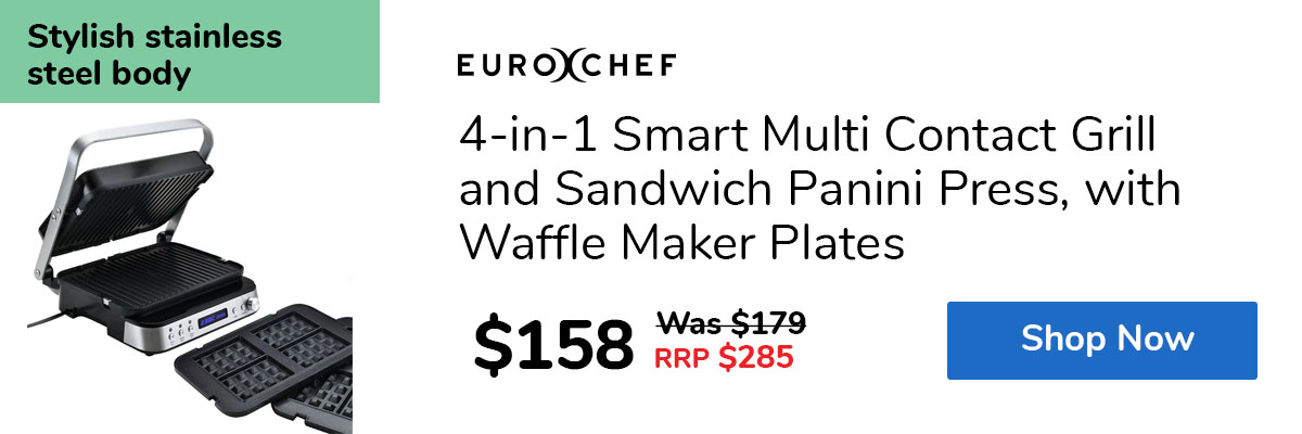 4-in-1 Smart Multi Contact Grill and Sandwich Panini Press, with Waffle Maker Plates