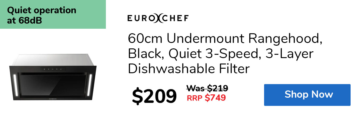 60cm Undermount Rangehood, Black, Quiet 3-Speed, 3-Layer Dishwashable Filter