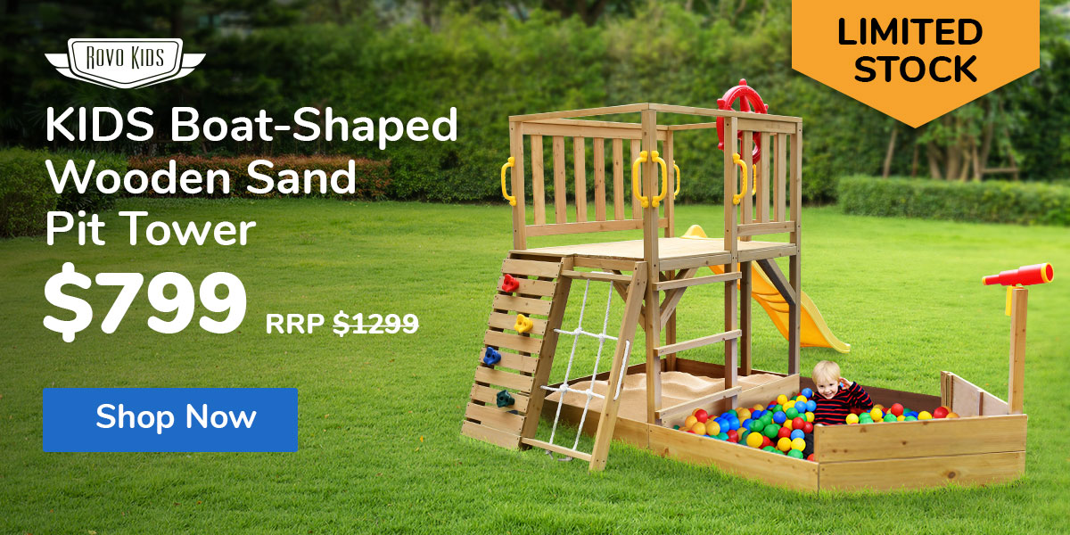 ROVO KIDS Boat-Shaped Wooden Sand Pit Tower with Slide and Climbing Wall