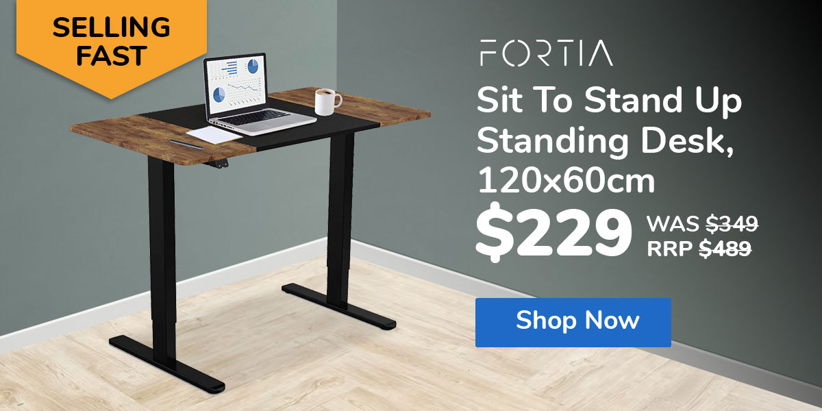 FORTIA Sit To Stand Up Standing Desk, 120x60cm, 72-118cm Electric Height Adjustable, 70kg Rated, Walnut Style/Black Frame