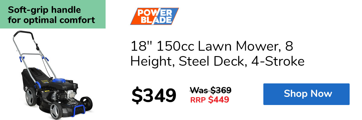 18" 150cc Lawn Mower, 8 Height, Steel Deck, 4-Stroke