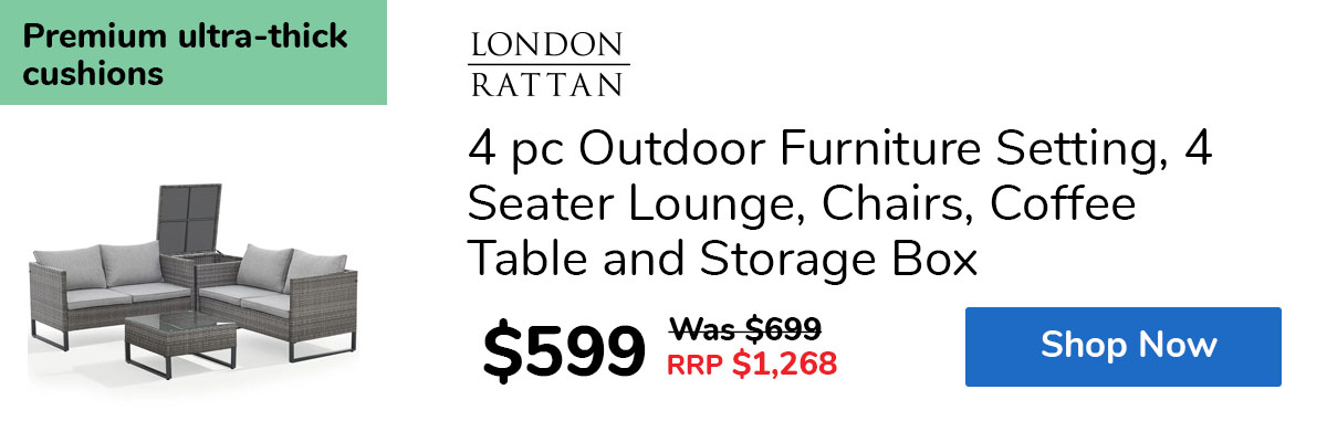 4 pc Outdoor Furniture Setting, 4 Seater Lounge, Chairs, Coffee Table and Storage Box