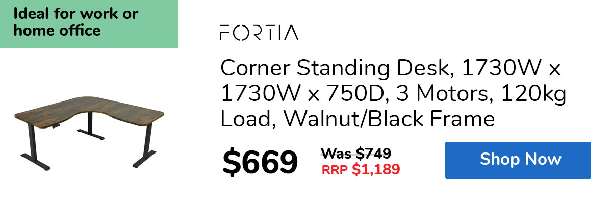 Corner Standing Desk, 1730W x 1730W x 750D, 3 Motors, 120kg Load, Walnut/Black FrameCorner Standing Desk, 1730W x 1730W x 750D, 3 Motors, 120kg Load, Walnut/Black Frame