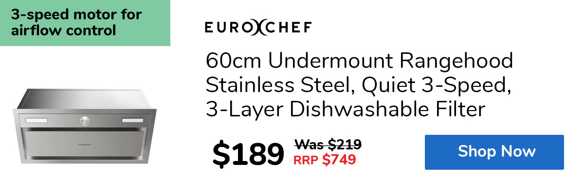 60cm Undermount Rangehood Stainless Steel, Quiet 3-Speed, 3-Layer Dishwashable Filter