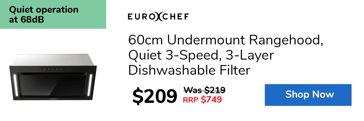 60cm Undermount Rangehood, Quiet 3-Speed, 3-Layer Dishwashable Filter