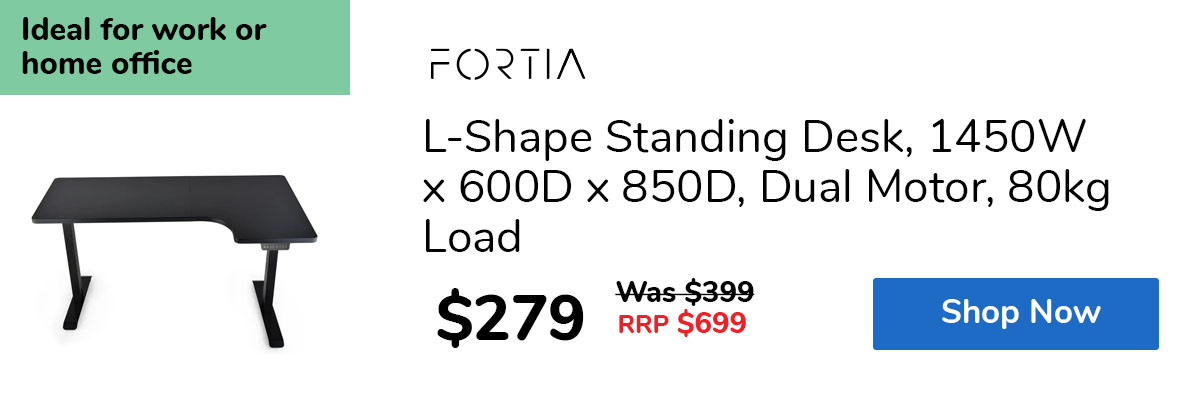 L-Shape Standing Desk, 1450W x 600D x 850D, Dual Motor, 80kg Load