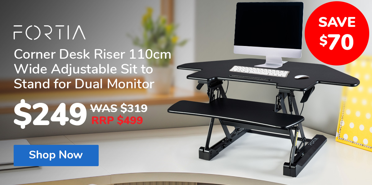 FORTIA Corner Desk Riser 110cm Wide Adjustable Sit to Stand for Dual Monitor, Keyboard, Laptop, Black