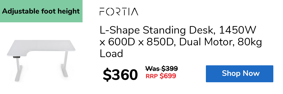 L-Shape Standing Desk, 1450W x 600D x 850D, Dual Motor, 80kg Load