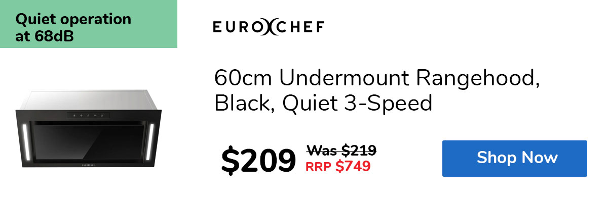 60cm Undermount Rangehood, Black, Quiet 3-Speed