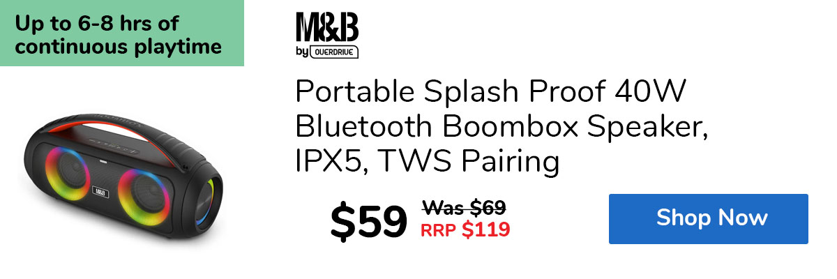 Portable Splash Proof 40W Bluetooth Boombox Speaker, IPX5, TWS Pairing